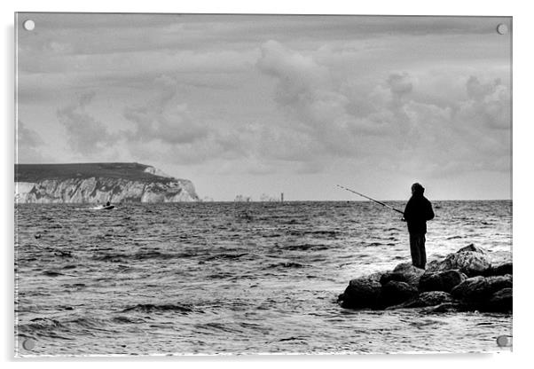 Lone Angler 2 in black and white Acrylic by Chris Day