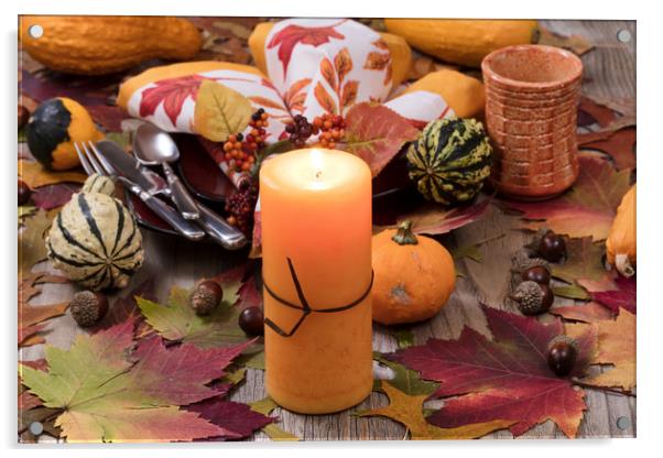 Holiday candle glowing for dinner setting for fall Acrylic by Thomas Baker
