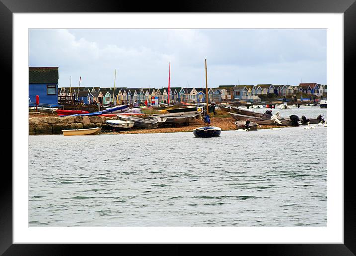 Beach Huts and boats at Hengistbury Head Dorset Framed Mounted Print by Chris Day