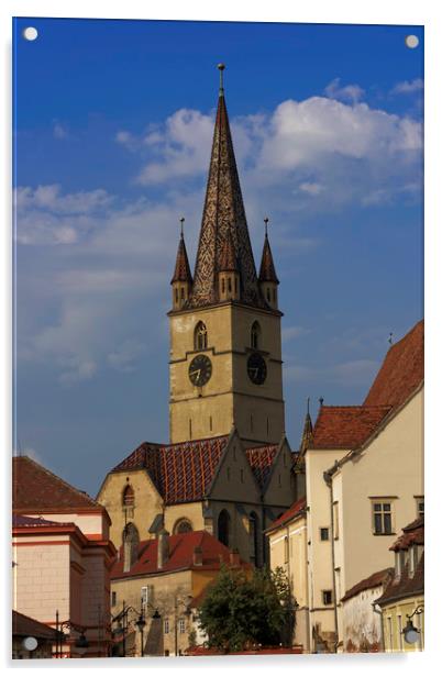 Evangelical Cathedral Sibiu on blue sky Acrylic by Adrian Bud