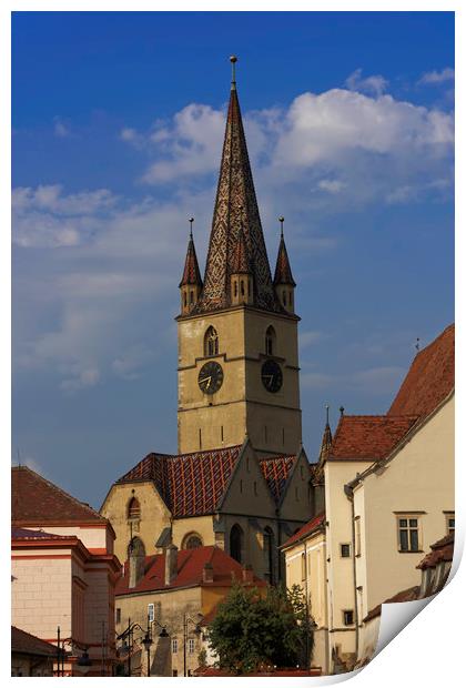 Evangelical Cathedral Sibiu on blue sky Print by Adrian Bud