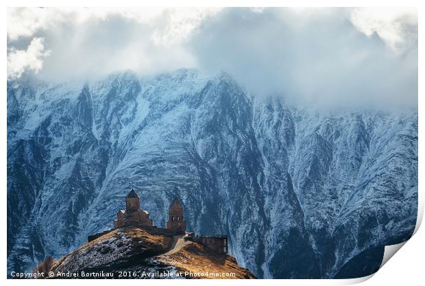 Caucasus mountains, Gergeti Trinity church, Georgi Print by Andrei Bortnikau