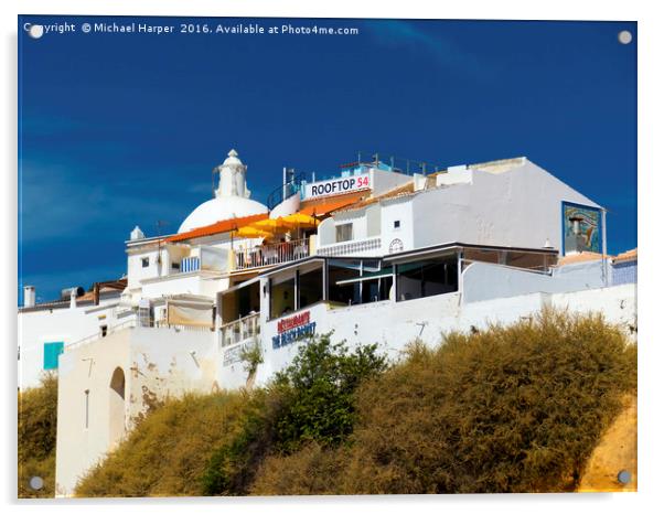 Cliff top restaurant in Albuferia, Algarve, Portug Acrylic by Michael Harper