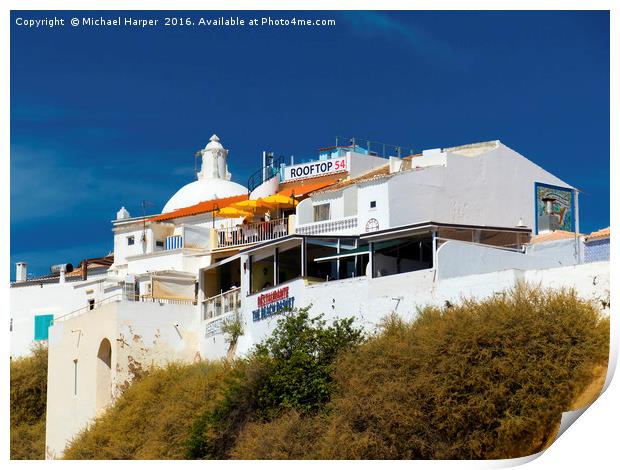 Cliff top restaurant in Albuferia, Algarve, Portug Print by Michael Harper