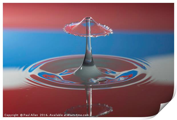 water drop collision in red white and blue Print by Paul Allen