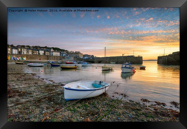 Sunrise at Mousehole in Cornwall Framed Print by Helen Hotson