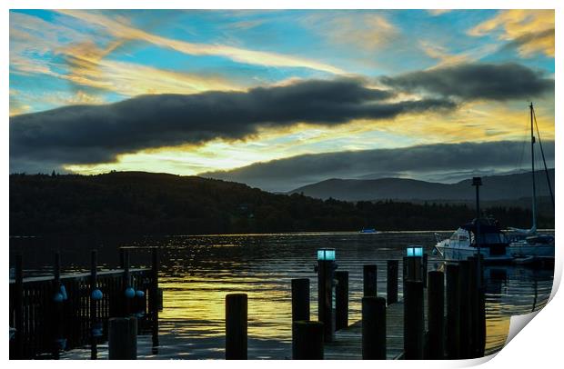 Sunset over the Lake in Windermere Print by Elaine Dugdill