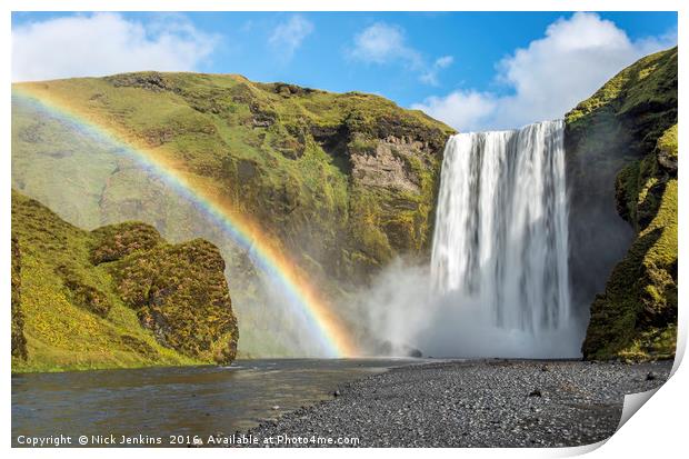 Skogafoss Waterfall and Rainbow south Iceland Print by Nick Jenkins