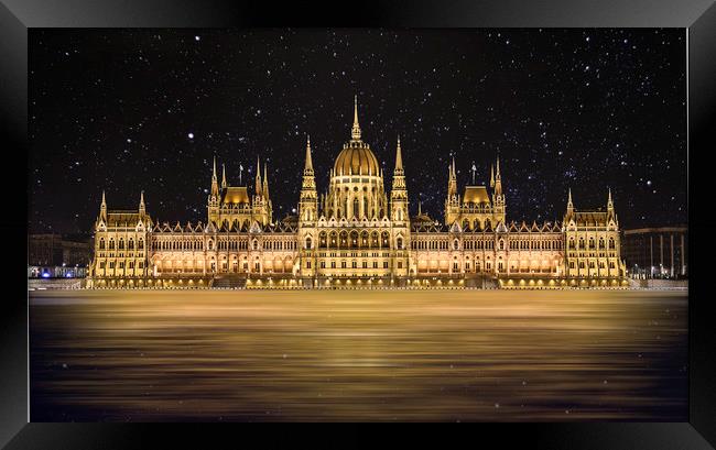 Budapest Parliament Building At Night Framed Print by Andrew Squires