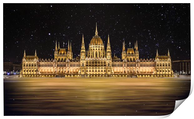 Budapest Parliament Building At Night Print by Andrew Squires