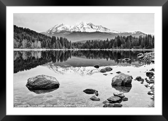 A dramatic view of Mount Shasta from Lake Siskiyou Framed Mounted Print by Jamie Pham