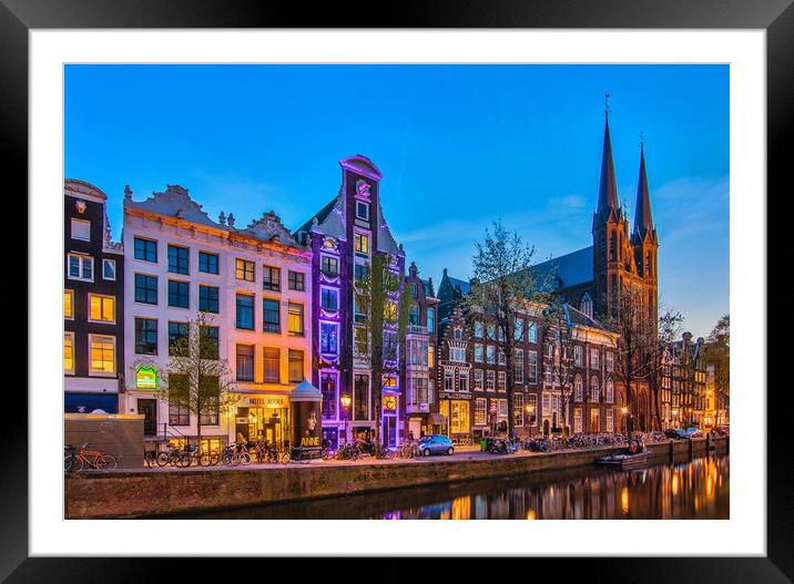 Amsterdam Singel canal illuminated Framed Mounted Print by Marcel de Groot