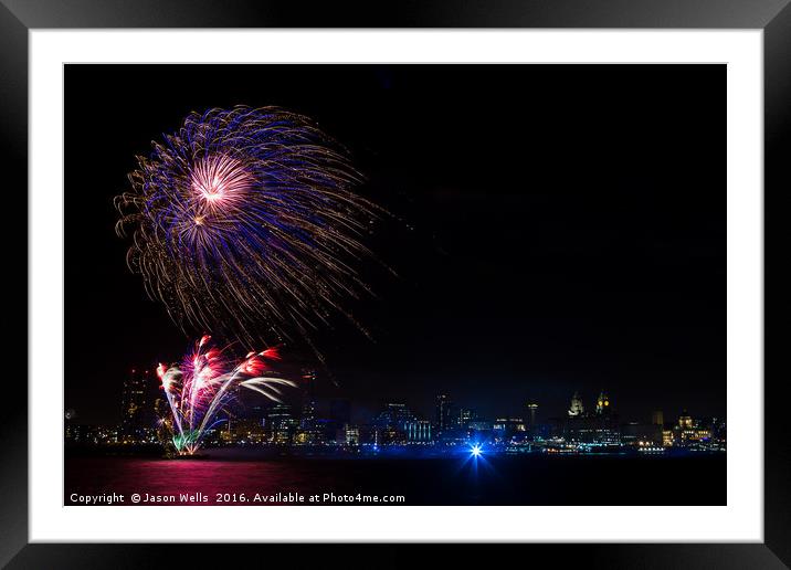 Firework display over the Liverpool skyline Framed Mounted Print by Jason Wells
