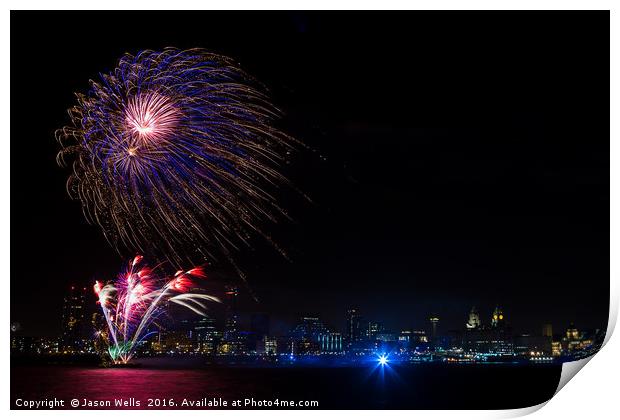 Firework display over the Liverpool skyline Print by Jason Wells