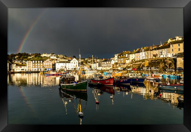 Rainbow at Mevagissey harbor Framed Print by Michael Brookes