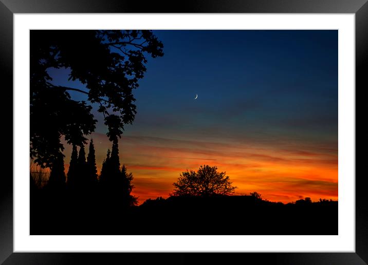 Sunset Crescent Moon & Venus Framed Mounted Print by Victoria Bowie