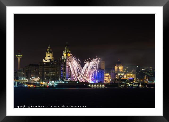 Fireworks on the Liverpool waterfront Framed Mounted Print by Jason Wells