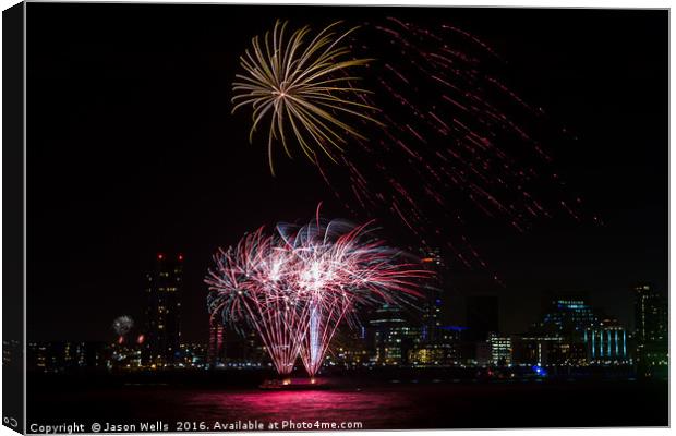 Colourful fireworks on the Liverpool waterfront Canvas Print by Jason Wells