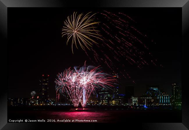 Colourful fireworks on the Liverpool waterfront Framed Print by Jason Wells