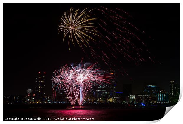Colourful fireworks on the Liverpool waterfront Print by Jason Wells