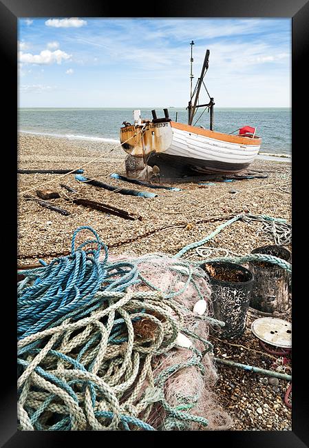 Rope, net, bins and boat Framed Print by Stephen Mole
