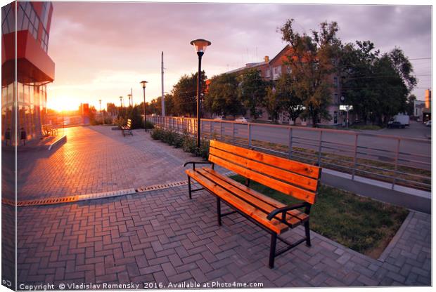 European urban sidewalk, benches and lanterns in t Canvas Print by Vladislav Romensky