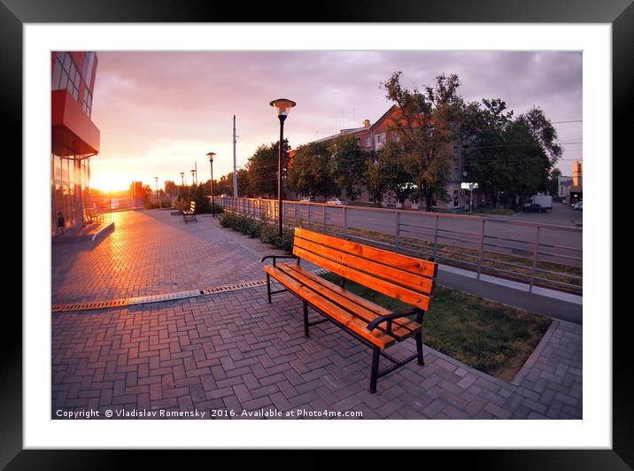 European urban sidewalk, benches and lanterns in t Framed Mounted Print by Vladislav Romensky