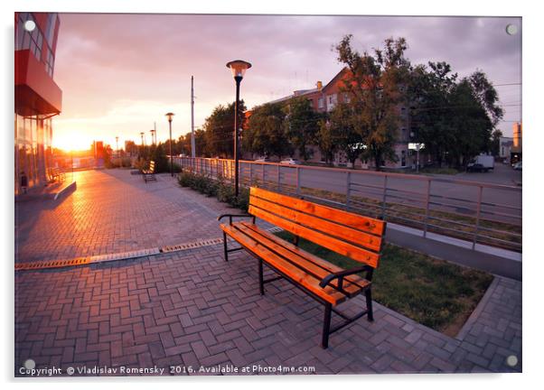 European urban sidewalk, benches and lanterns in t Acrylic by Vladislav Romensky