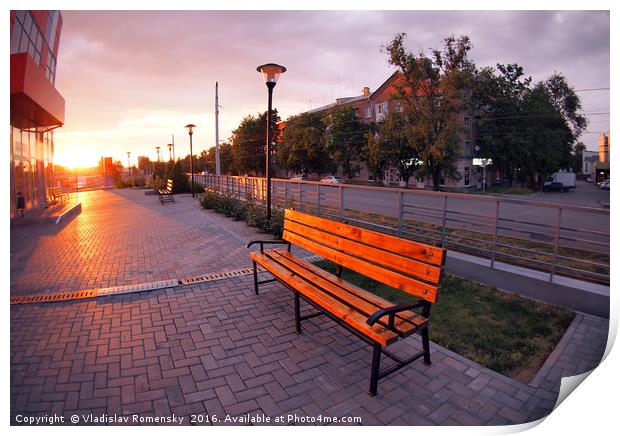 European urban sidewalk, benches and lanterns in t Print by Vladislav Romensky