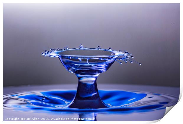Blue bowl shaped water drop collision Print by Paul Allen
