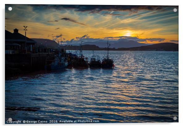 The sun sets on Oban harbour and fishing boats Acrylic by George Cairns