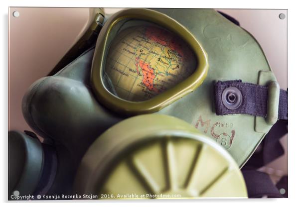 Part of World globe in WWII gas mask  Acrylic by Ksenija Bozenko Stojan