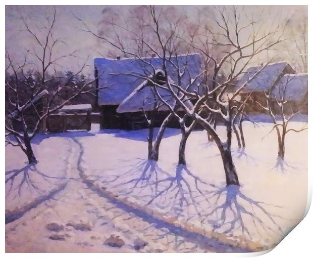 Russian farmhouse in the winter Print by Marianne Mhitaryan