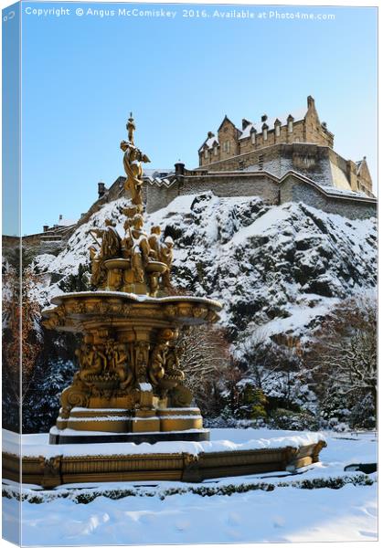 Ross Fountain and Edinburgh Castle in snow Canvas Print by Angus McComiskey