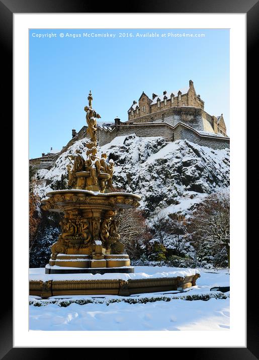 Ross Fountain and Edinburgh Castle in snow Framed Mounted Print by Angus McComiskey