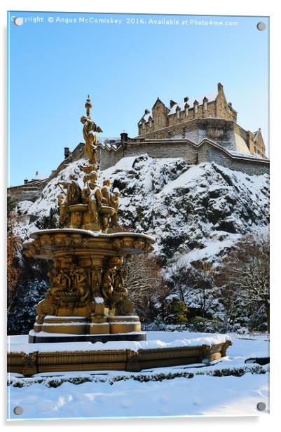 Ross Fountain and Edinburgh Castle in snow Acrylic by Angus McComiskey