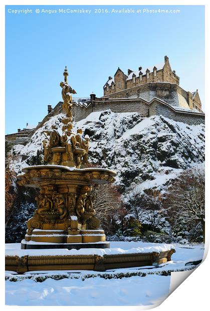 Ross Fountain and Edinburgh Castle in snow Print by Angus McComiskey