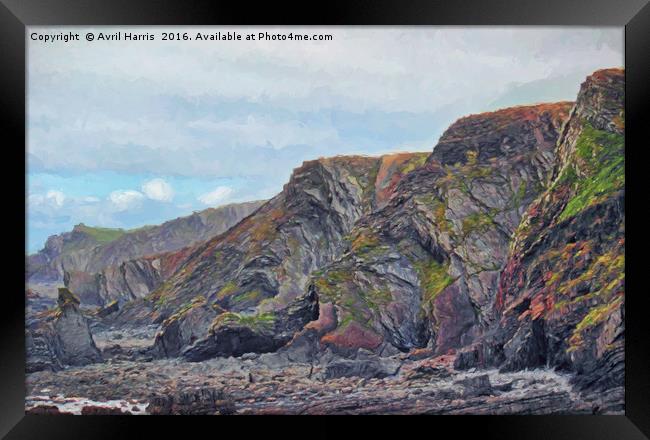 Hartland Quay Cliffs Framed Print by Avril Harris