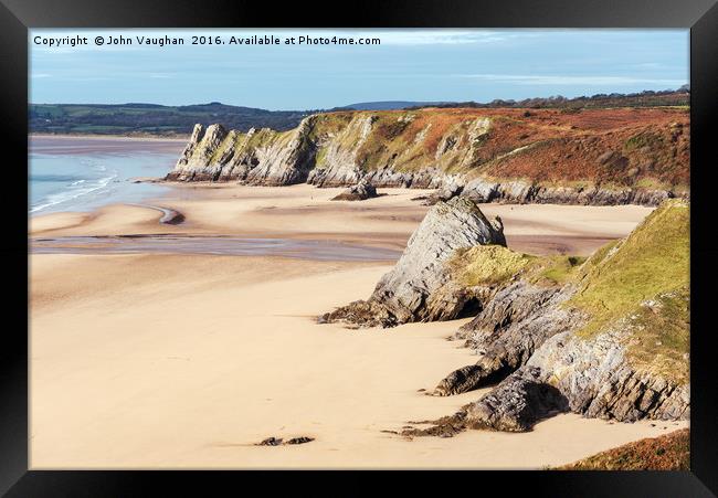 Three Cliffs Bay and Great Tor from Shire Combe Framed Print by John Vaughan