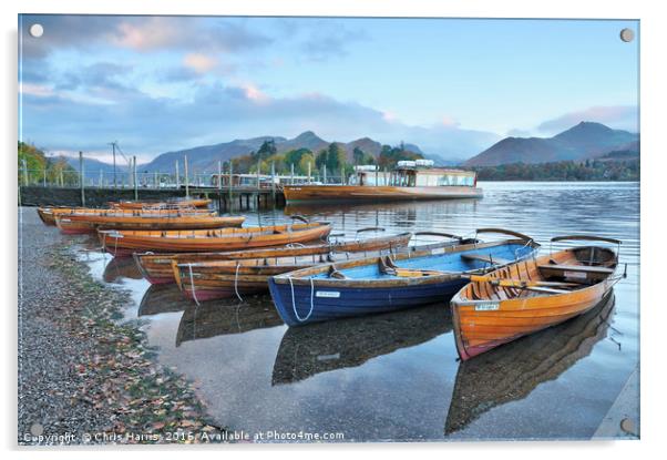 Derwentwater boats at sunrise, Lake District Acrylic by Chris Harris