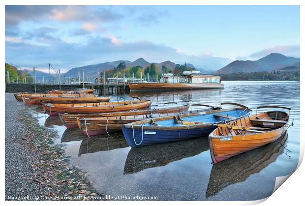 Derwentwater boats at sunrise, Lake District Print by Chris Harris