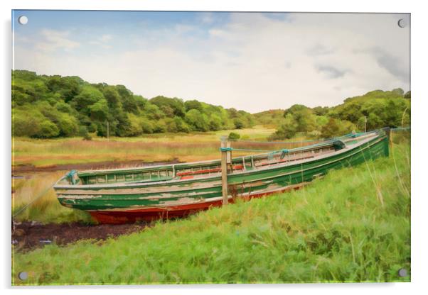 Moored red & green wooden rowing boat  Acrylic by Hugh McKean