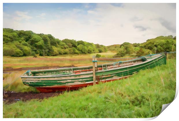 Moored red & green wooden rowing boat  Print by Hugh McKean