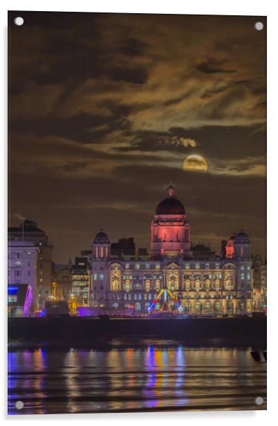 Port of Liverpool building moonrise Acrylic by Rob Lester