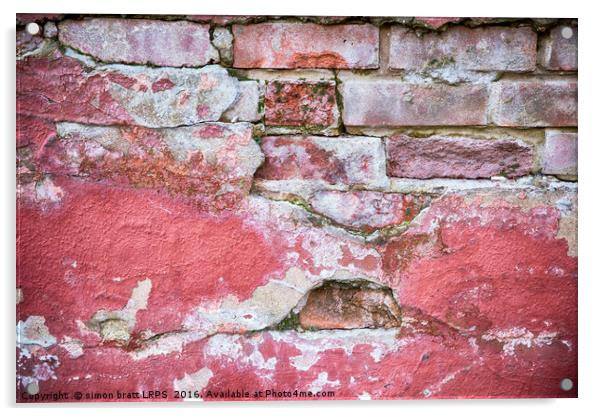 Grunge red wall with broken plaster close up Acrylic by Simon Bratt LRPS