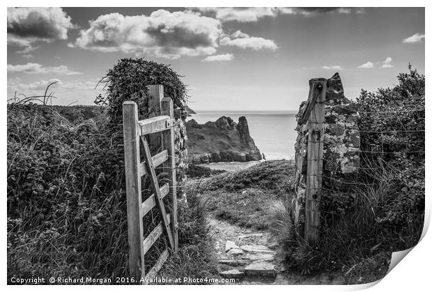The Great Tor through the gate, Gower South Wales. Print by Richard Morgan