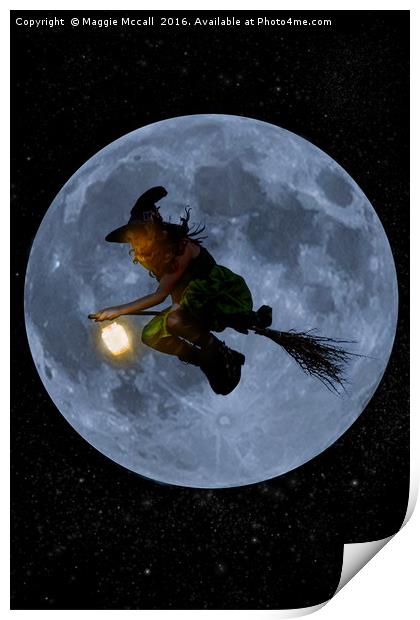 Flying Witch at full moon Print by Maggie McCall