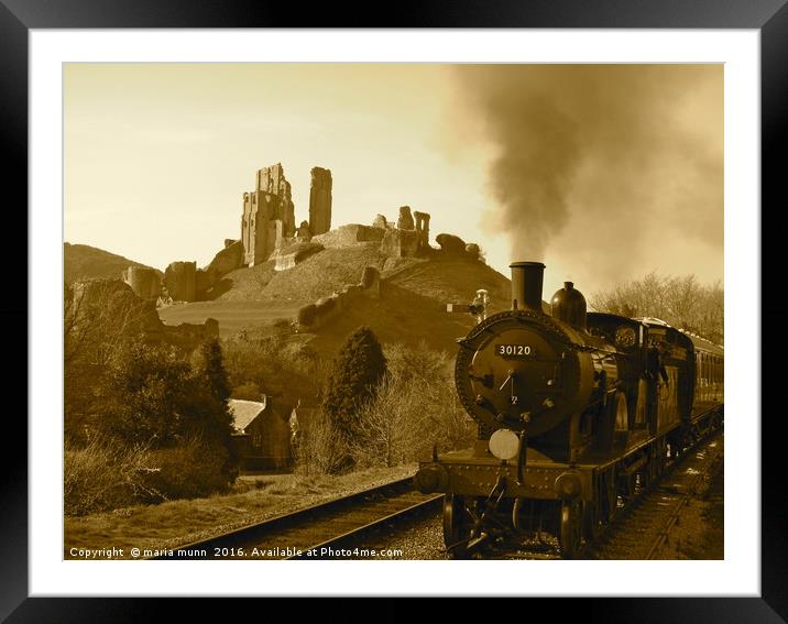 Steam Train at Corfe Castle, Dorset Framed Mounted Print by maria munn