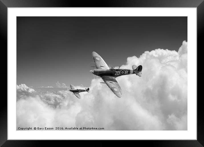 222 Squadron Spitfires above clouds, B&W version Framed Mounted Print by Gary Eason