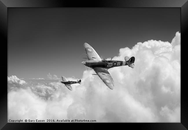 222 Squadron Spitfires above clouds, B&W version Framed Print by Gary Eason